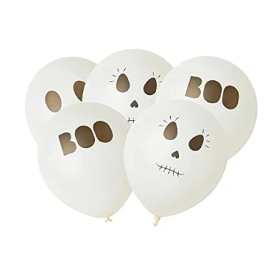 Imagen de Talking Tables Paquete de 5 globos Halloween 12 pulgadas hechos látex con 3 diseños: &quot;Boo&quot;, decoración fiesta fantasma y esqueleto, globo