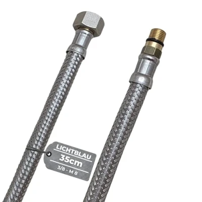 Imagen de LICHTBLAU manguera de acero inoxidable resistente a dobleces, 35 cm, 3/8 pulgadas M8 corta, adecuada para agua potable, válvula angular, blindada, grifo cocina