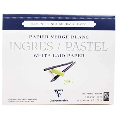 Imagen de Clairefontaine 96482C Bloc Collé Ingres Pastel 25 Feuilles Papier Vergé Blanc 24x30 cm 130g Idéal pour le Dessin au Crayon, à la Sanguine ou Fusain