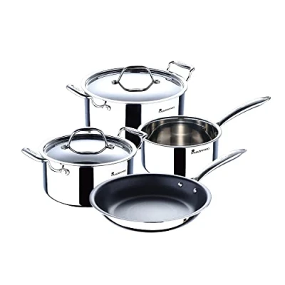 Imagen de MasterPro Batería de Cocina Triple Capa 6 Piezas con 2 Cacerolas 20 y 24 cm Tapa, 1 Cazo 16 Sartén cm, Antiadherentes Acero Inoxidable Agarres Ergonómicos, Sin PFOA