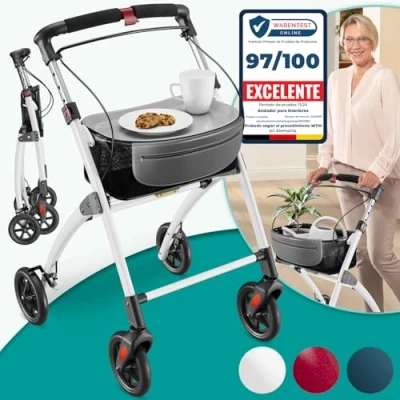 Imagen de ELONEO Andador para Ancianos con 4 Ruedas Plegable, Ligero y Compacto, Adulto Interiores, Ancho 54 cm, Incluye Bandeja Cesta de Tela, Ayuda a la Movilidad Aluminio Blanco