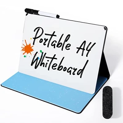 Imagen de AGM Cuaderno de Pizarra Blanca Portátil, Borrado en Seco A4, con Rotuladores y Borrador Pizarra, Escribible Ambos Lados, Escritura Suave, Fácil Borrar 310X245X25mm