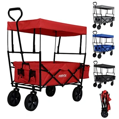 Imagen de Arebos Carreta Plegable Carretilla Jardin y Aire Libre con Techo Carro Playa de Mano &amp; Transporte 2X Bolsillos Malla 1x Bolsillo Exterior Neumáticos Goma Maciza 70kg