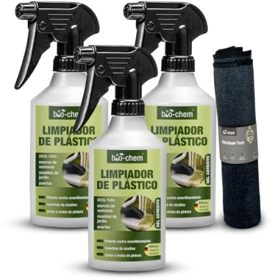 Imagen de Bio Chem limpiador de plásticos 3x 500ml + paño microfibra Spray PVC para ventanas, marcos refuerzos, muebles jardín Elimina olores, nicotina y polvo