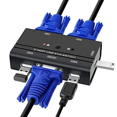 Imagen de TCNEWCL Switch KVM VGA, conmutador 2 puertos VGA USB, pc 1 monitor, 1080P, 3 interfaces USB 2.0 para teclado, ratón, impresora, unidad U, con cable en 1.