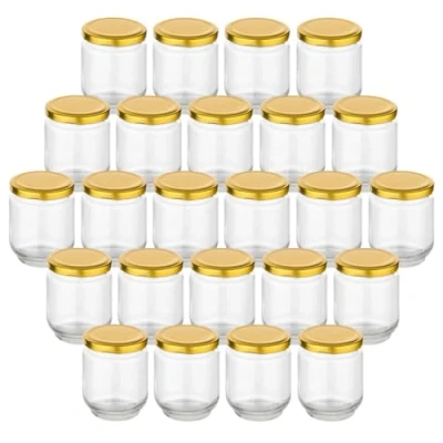 Imagen de gouveo Juego de 24 tarros cristal redondos 190 ml con tapa rosca dorada, pequeños cierre rosca, para conservas y almacenamiento