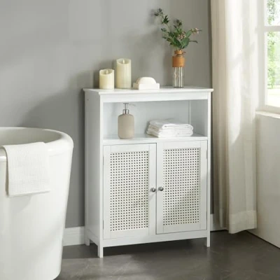 Imagen de [en.casa] Elegante Mueble Baño Auxiliar con 2 Compartimentos Cerrados y 1 Compartimento Abierto Cómoda Armario Midi Estable 4 Patas Puertas en PVC Ratán MDF 80 x 60 28 cm Blanco