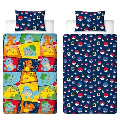 Imagen de Juego de Funda edredón Infantil con Licencia Oficial Pokemon Pikachu Bulbasaur Charmander Squirtle diseño Reversible 2 Caras Almohada a Cama Individual para