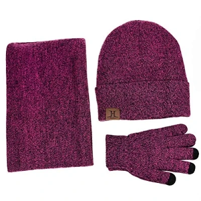 Imagen de Gorros de Punto Hombre, Conjunto Guantes Bufanda y Gorro Invierno para Hombres Mujeres,3 piezas (Rosa caliente)