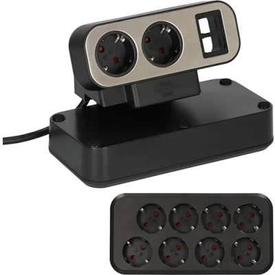 Imagen de brennenstuhl®Estilo Regleta Enchufes de sobremesa dúplex con Interruptor (Regleta Eléctrica 2 Ranuras para módulos Keystone, 10x Tomas Contacto protección, Cable 2m) Plata/Negro