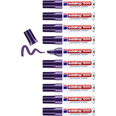 Imagen de edding 500 marcador permanente violeta 10 rotuladores punta biselada 2 7 mm resistente al agua, de secado rápido, indelebles para cartón, plástico, madera, metal, vidrio
