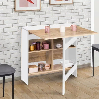 Imagen de IDMarket Mesa consola plegable EDI 2 6 personas con almacenamiento madera blanca Bandeja forma haya 150 x 80 cm
