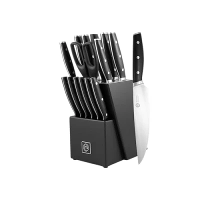 Imagen de MasterChef Juego de Cuchillos Cocina Profesional con Soporte, Cuchillo Chef, Cebollero, Santoku, Pan, Chuleteros, Afilador y Tijeras, Acero Inox Alto Carbono, Asas Triple Remache, 15 Piezas
