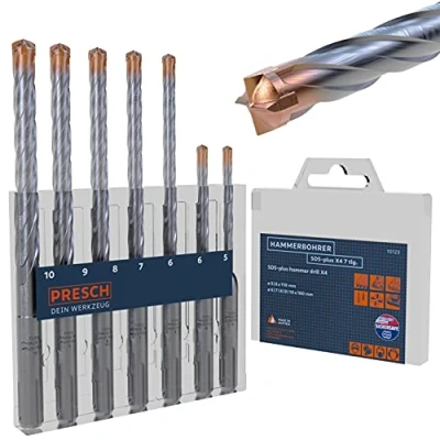 Imagen de Presch Brocas Para Hormigón Armado SDS plus X4 7 pzas. Con 4 Filos de Corte e Indicador la Longitud los Tacos Hormigón, Piedra, Granito, Ladrillo, Mampostería Ø 5 10 mm