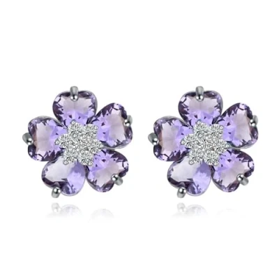 Imagen de Crystalline Azuria Mujer 18ct Chapado en Oro Blanco Flores Violeta Cristales de Zirconia Pendientes tuerca para y Niña