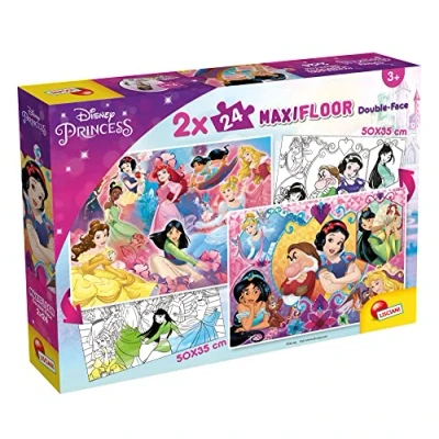 Imagen de Lisciani, Puzzle para niños, 2 puzles de 24 piezas, en 1 Doble Cara con reverso colorear Disney Princesas 91720