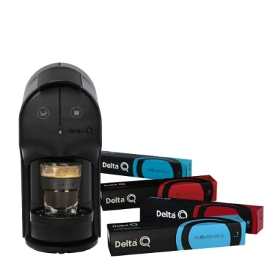 Imagen de Delta Q Pack Cafetera Quick Gris Para Cafés, Té y Bebidas Calientes Sencilla Práctica Diseño Elegante Incluye 100 Cápsulas DeQafeinatus + Qharacter