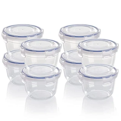 Imagen de Grizzly juego de recipientes almacenamiento alimentos plástico, 8 con tapa, redondos, apilables, aptos para microondas y lavavajillas