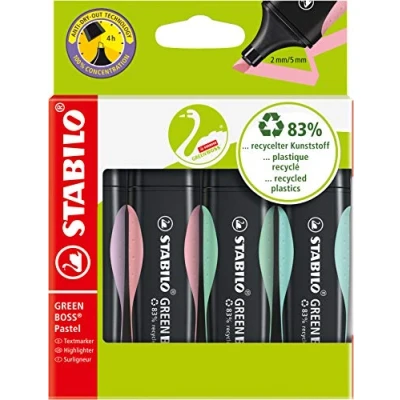 Imagen de Marcador fabricado con 83% plásticos reciclados STABILO GREENBOSS Pastel Estuche 4 colores