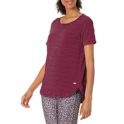 Imagen de Amazon Essentials Camiseta Ligera de Cuello Caja y Ajuste Informal para Gimnasio Mujer, Burdeos Rayas, S
