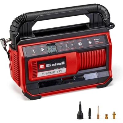 Imagen de Einhell Compresor híbrido PRESSITO 18/25 Power X Change (18V, funcionamiento con cable eléctrico o batería, máx. 11 bar, incl. set adaptador de 4 piezas y 2 tubos, sin batería)