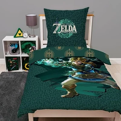 Imagen de Familando The Legend of Zelda Ropa de cama para niños y adolescentes, 135 x 200 cm, 80 100% algodón con cremallera, diseño Tears Kingdom enlace, color verde