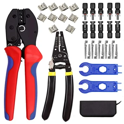 Imagen de QeeHeng Kit de herramientas engarzado conector cable solar, 1 engarzador, pelacables, 5 pares conectores panel solar macho/hembra, 2 llaves rectas, 35 piezas