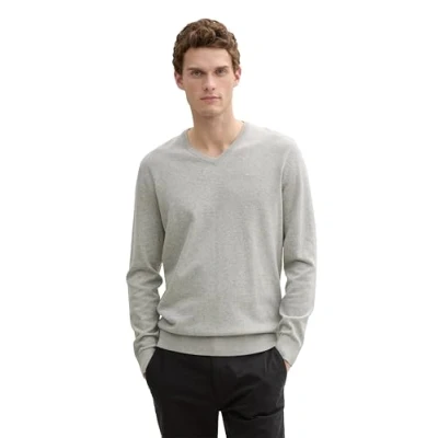 Imagen de TOM TAILOR 202212 Strickpullover V Ausschnitt Jersey básico para Hombre, Gris (14427 Light Soft Grey Melange), S