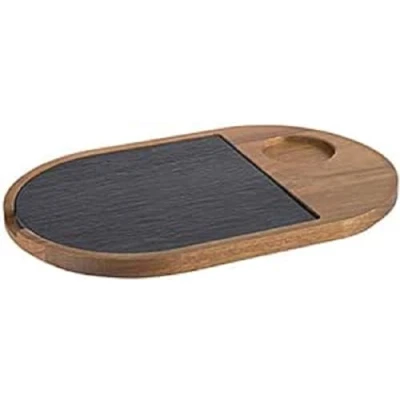 Imagen de tabla de servir APS, 2 piezas, 28 x 17,5 cm, talón Ø 5 madera rústica, cortar acacia, con placa pizarra natural