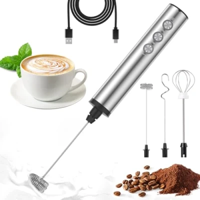 Imagen de MOSUO Espumador de leche Eléctrico, USB Recargable Batidor Acero Inoxidable con 3 Batidores Inoxidable, Regulable en velocidades, para Huevos Cafe Latte Cappuccino