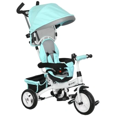 Imagen de HOMCOM Triciclo para Bebés 6 en 1 Evolutivo Niños de 5 Años con Toldo Plegable Mango Empuje Telescópico Cinturón Seguridad y Cesto Carga 25 kg Verde Mint