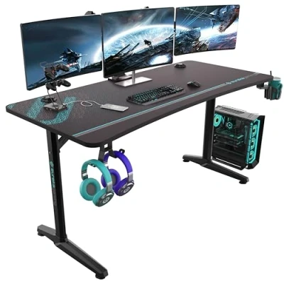 Imagen de EUREKA ERGONOMIC Mesa Gaming 152x70 cm Gran Escritorio para Ordenador de Computadora con Alfombrilla Ratón, Portavasos y Gancho Auriculares