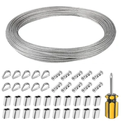 Imagen de Cable de alambre 30 m, cuerda acero 2 mm, tensor inoxidable, kit para enrejado, cortina, tendedero, lámpara colgante