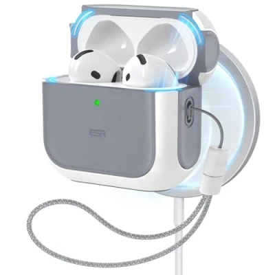 Imagen de ESR Funda para AirPods 4 (2024), Compatible con de 4.ª Generación(USB C), MagSafe, Protectora contra Caídas Correa, Tapa Magnética, Híbrida Orbit, Blanco