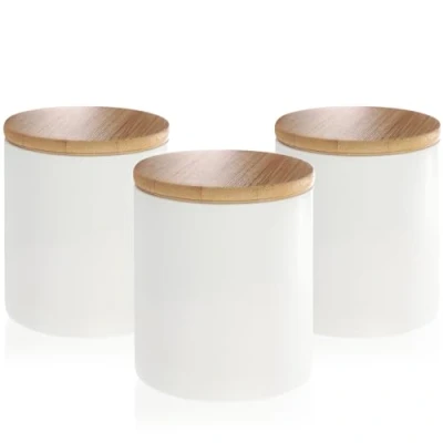 Imagen de COM FOUR® 3X Recipientes de Almacenamiento Cerámica Caja con Tapa Bambú Recipiente Café Versátil Pequeños (blanco 08x09cm 3 piezas)