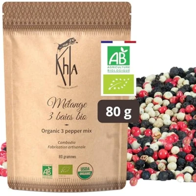 Imagen de Khla Pimientas Tricolor 80 g Pimienta Negra y Blanca de Kampot &amp; Rosa Certificada Orgánica Producción Limitada Especias Directas del Productor Origen Camboya Madagascar
