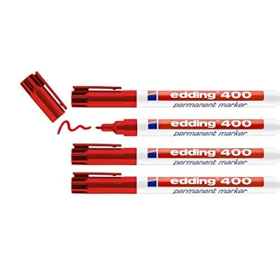 Imagen de edding 400 marcador permanente rojo 4 rotuladores punta fina redonda 1 mm resistente al agua, de secado rápido, indelebles para cartón, plástico, madera, metal, vidrio