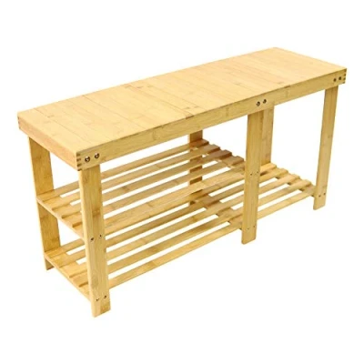 Imagen de KKTONER Estante de zapatos Bambú con asiento y estantes banco para organizador pasillo salón habitación color natural