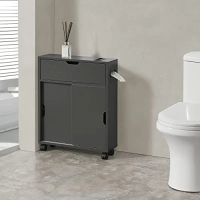 Imagen de [en.casa] Mueble de Baño Movil Carrito Almacenaje para Cocina con 2 Puertas Deslizantes 1 Puerta Abatible 67 x 52 17 cm Versátil Aglomerado Gris Oscuro