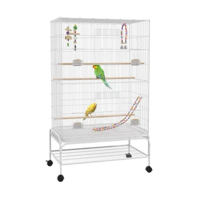 Imagen de PawHut Jaula para Pájaros con Ruedas Grande Soporte Pajarera Bandeja Extraíble Puertas Comederos Perchas Juguetes y Estante Inferior Canarios Periquitos 79x49x133 cm Blanco
