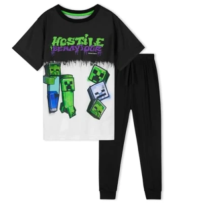 Imagen de Minecraft Pijamas para Niños Conjunto de Pantalones y Camiseta Larga, Chico Invierno Regalo (Negro/Blanco,7 8 años)