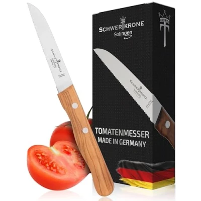 Imagen de Schwertkrone Cuchillo profesional para verduras y tomates, calidad Solingen, dentado afilado, acero inoxidable, mango de madera olivo, fabricado en Alemania