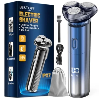Imagen de Maquinilla de afeitar eléctrica para hombres 3D con cabezales afeitado magnéticos IPX7 bloqueo viaje seca y húmeda azul