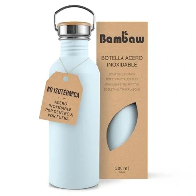 Imagen de Bambaw Botella agua acero inoxidable 500ml No Térmica, de Azul claro, niños, gimnasio, reutilizable celeste