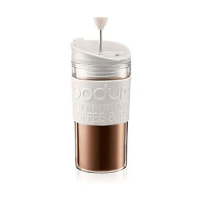 Imagen de Bodum Travel Press Taza de pistón isotérmica plástico, Tapa, 0,35 L, Blanco, Transparente, 8.9 cm