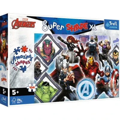 Imagen de Trefl 104 XL Super Shape Formas Locas, Piezas Grandes, Colores con Personajes de Cuentos Hadas, a Partir 5 años Puzzle, Marvel The Avengers, Vengadores Favoritos, Extra Large (50018)