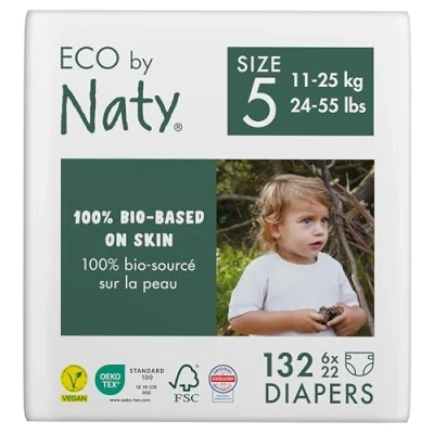 Imagen de Eco by Naty Pañales bebé ecológicos a base de plantas, ideales para la piel sensible del y ayuda evitar las fugas (Talla 5, 132 unidades)