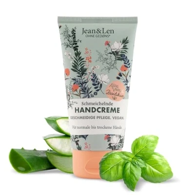 Imagen de Jean &amp; Len Flattering Hand Cream Aloe Vera Basil, cuidado de manos para normales a secas, nutre intensamente, sin parabenos ni siliconas, vegano, tubo crema manos, 75 ml