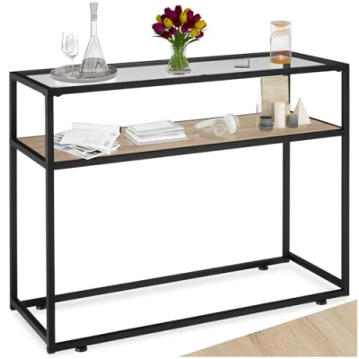 Imagen de tectake® Mueble Recibidor Estilo Industrial, Consola Auxiliar con 2 Estantes, Tablero de Cristal, Estructura Acero, Madera Aglomerada, Entrada Industrial Clara, Roble Sonoma