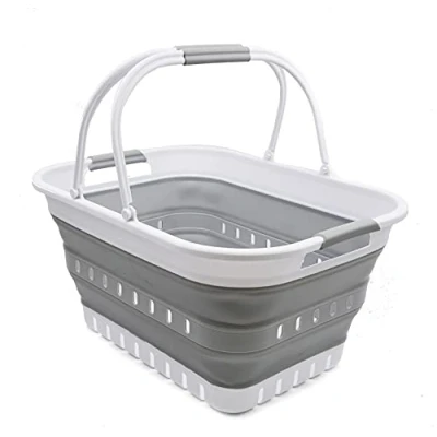 Imagen de SAMMART Tina plegable de 29 litros con asa, cesta picnic portátil al aire libre, bolsa compras plegable, contenedor almacenamiento que ahorra espacio (blanco/gris, 1)